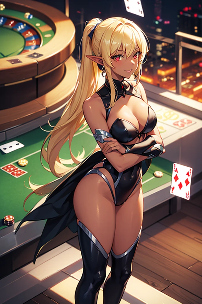 Beautiful images,Detailed Images,Official image,Casino Background,One Woman,Blonde,Red Eyes,Ponytail Hair,Model body type,(Dark Skin:1.3),Elf Ears,Large Breasts,Cross your arms,(Black Taimanin Suit:1.3),Smile small,Playing cards scattered