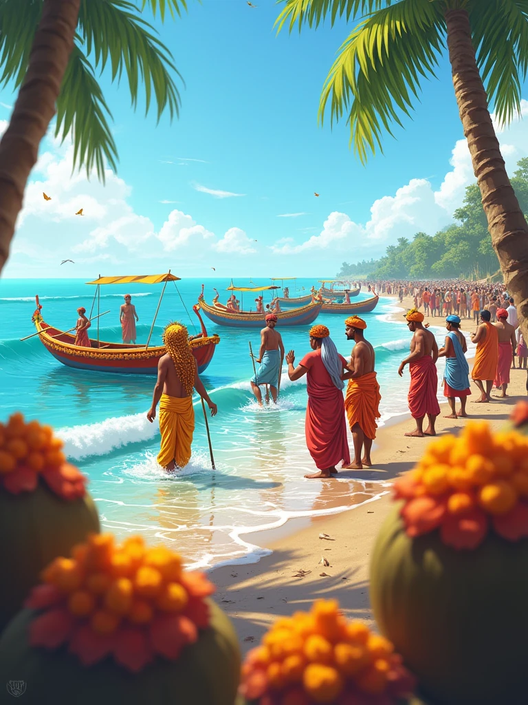 Create a vibrant, festive scene celebrating Narali Purnima, featuring traditional elements like decorated coconuts, fishermen performing rituals by the sea, and colorful boats adorned with flowers. Include serene ocean waves, a clear sky, and a sense of cultural harmony, with people dressed in traditional Maharashtrian attire