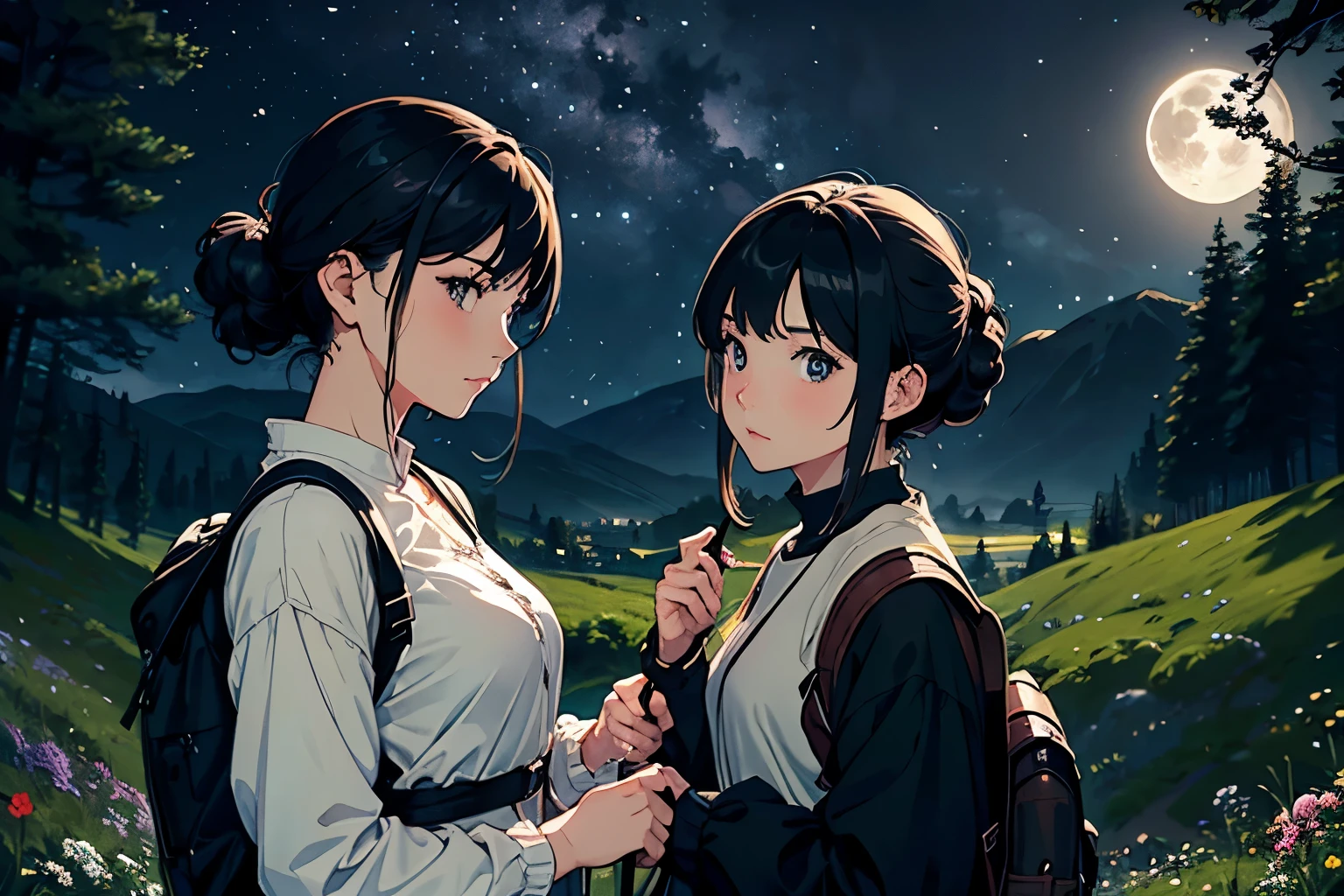 (Highest品質、High resolution、masterpiece)、(Anime Art 4k)、(Realistic)、((Two Women))、20-year-old、((Facing each other))、 (Facial details)、Black Hair、 short hair、 (Put your hair up、Combing your hair)、Slim figure、Small breasts、Preparing for the trip、blouse、Highest、Jacket、Long trousers、Shorts、Trekking shoes、boots、Drape the shoulder bag over your shoulder、Small rucksack、binoculars、Cinema Lighting、Ray Tracing、(Full moon in the night sky:1.2)、Welsh landscape、Create a magical scene in a misty meadow on a calm morning、Draw delicate and blurry brushwork、place々Flowers Bloom、(Sargent-style watercolor)、(Edmund Leighton Style)、