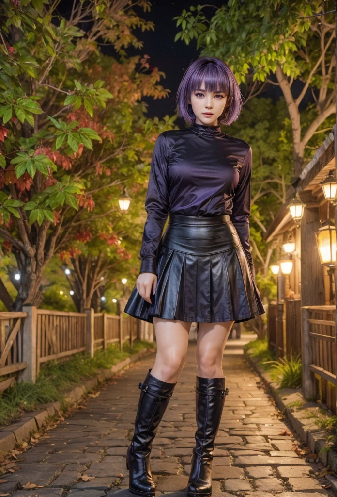 Ayane, purple hair, red eyes, (best quality, ultra-detailed), (realistic:1.37), beautiful and detailed face, ultra-realistic texture, delicate face, delicate body, red lipstick, long-lasting colors. high definition, 8K. expression with a sexy look