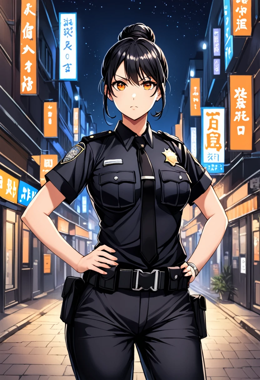 1girl, black police uniform, utility belt, black trousers, black hair, short sleeves, orange eyes, hair tied onto one bun, wearing silver ring, night streets, hands on hips, large breasts, beautiful, attractive, serious expression, looking at viewer.```