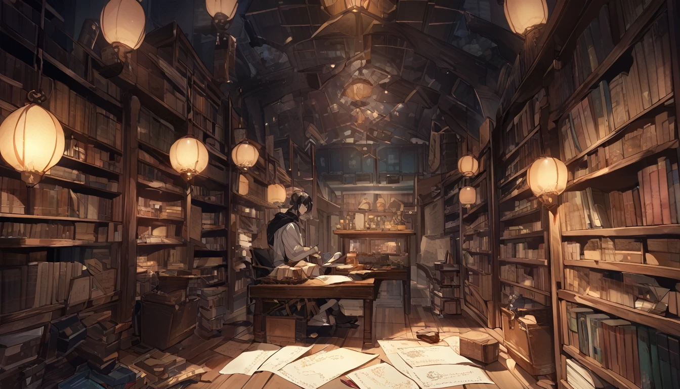 A piece of paper with a pentagram symbol floating in the dark、Abe no Seimei holding it in his hand、In the background is a study filled with ancient books and scrolls.、The shelves are lined with bottles and tools.