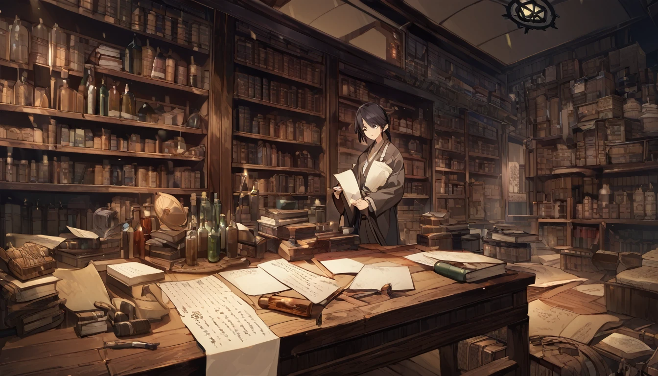 A piece of paper with a pentagram symbol floating in the dark、Abe no Seimei holding it in his hand、In the background is a study filled with ancient books and scrolls.、The shelves are lined with bottles and tools.