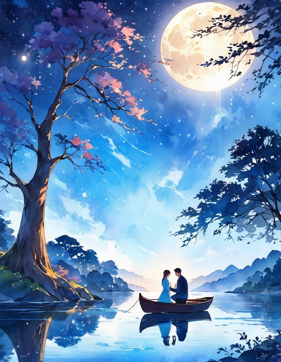 (best quality, high resolution, watercolor, Create a peaceful night scene，, An island of tranquility, Reflecting Lake. There should be a leafy tree on the island, Position slightly off center. The branches should be slightly bent, Some leaves gently fall, adding to the serene ambiance.under the tree, depict a Romantic moment between a couple. Men should kneel down, Take out a ring or small object, Like a marriage proposal. Women should stand before him, Lean forward slightly, May accept the offer. Their figures should be outlines, Contrast with bright background.The night sky should be clear，Full of twinkling stars. Large scale, A bright full moon will dominate the scene, positioned behind Couple and the tree, Casting Soft, A blue light hangs over everything. Moonlight should create long-lasting, Soft reflections of trees, Couple, And islands on the water.Right side of the island, Includes a small wooden rowing boat, Floating on calm waters. The boat should also have an outline, There is a slight reflection on the water.The overall color tone should be mainly dark blue and black, The moon brings soft, The ethereal light that illuminates the entire scene. The atmosphere should be calm, Romantic, A bit mysterious, Focus on the stillness and intimacy of the present moment