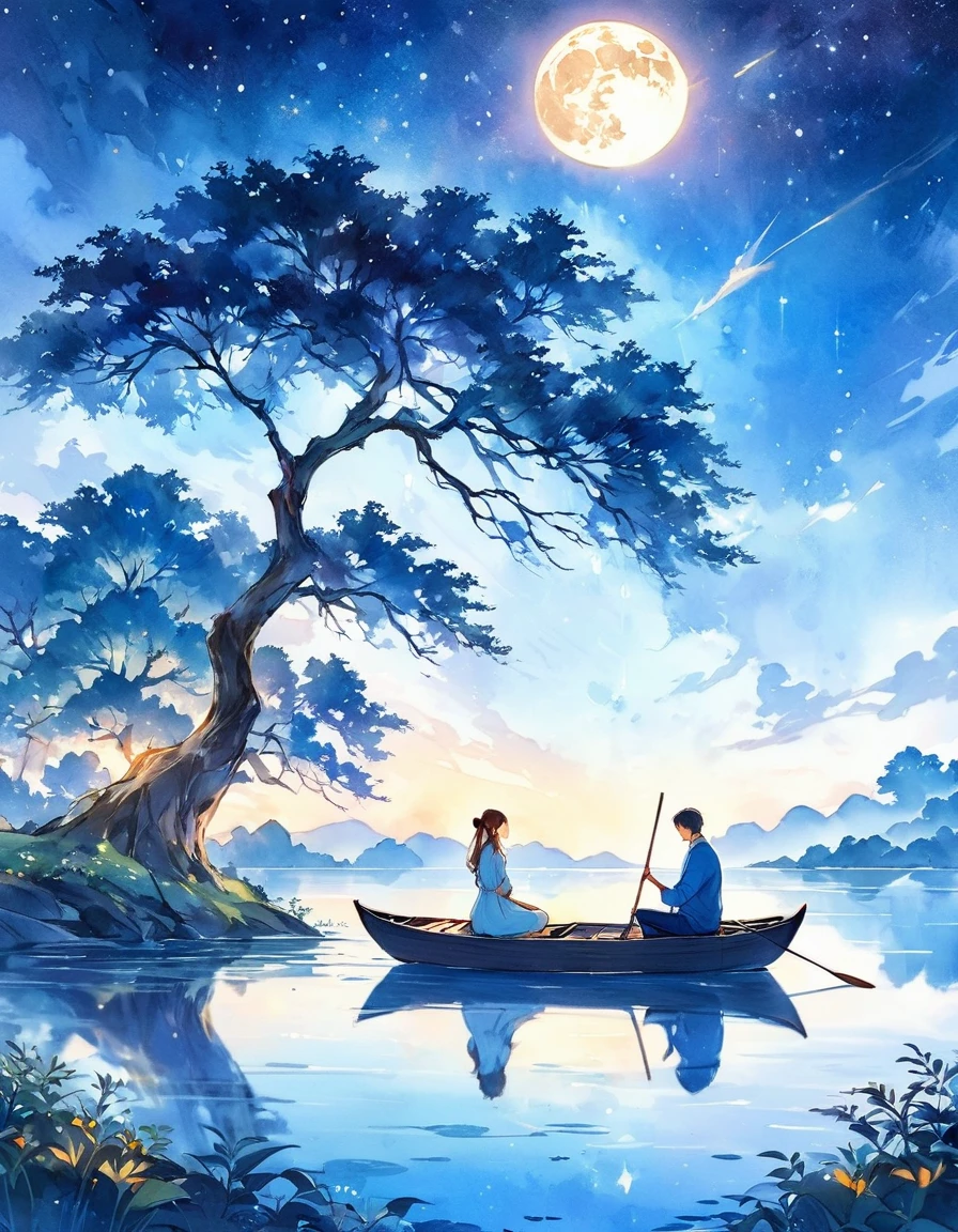(best quality, high resolution, watercolor, Create a peaceful night scene，, An island of tranquility, Reflecting Lake. There should be a leafy tree on the island, Position slightly off center. The branches should be slightly bent, Some leaves gently fall, adding to the serene ambiance.under the tree, depict a Romantic moment between a couple. Men should kneel down, Take out a ring or small object, Like a marriage proposal. Women should stand before him, Lean forward slightly, May accept the offer. Their figures should be outlines, Contrast with bright background.The night sky should be clear，Full of twinkling stars. Large scale, A bright full moon will dominate the scene, positioned behind Couple and the tree, Casting Soft, A blue light hangs over everything. Moonlight should create long-lasting, Soft reflections of trees, Couple, And islands on the water.Right side of the island, Includes a small wooden rowing boat, Floating on calm waters. The boat should also have an outline, There is a slight reflection on the water.The overall color tone should be mainly dark blue and black, The moon brings soft, The ethereal light that illuminates the entire scene. The atmosphere should be calm, Romantic, A bit mysterious, Focus on the stillness and intimacy of the present moment