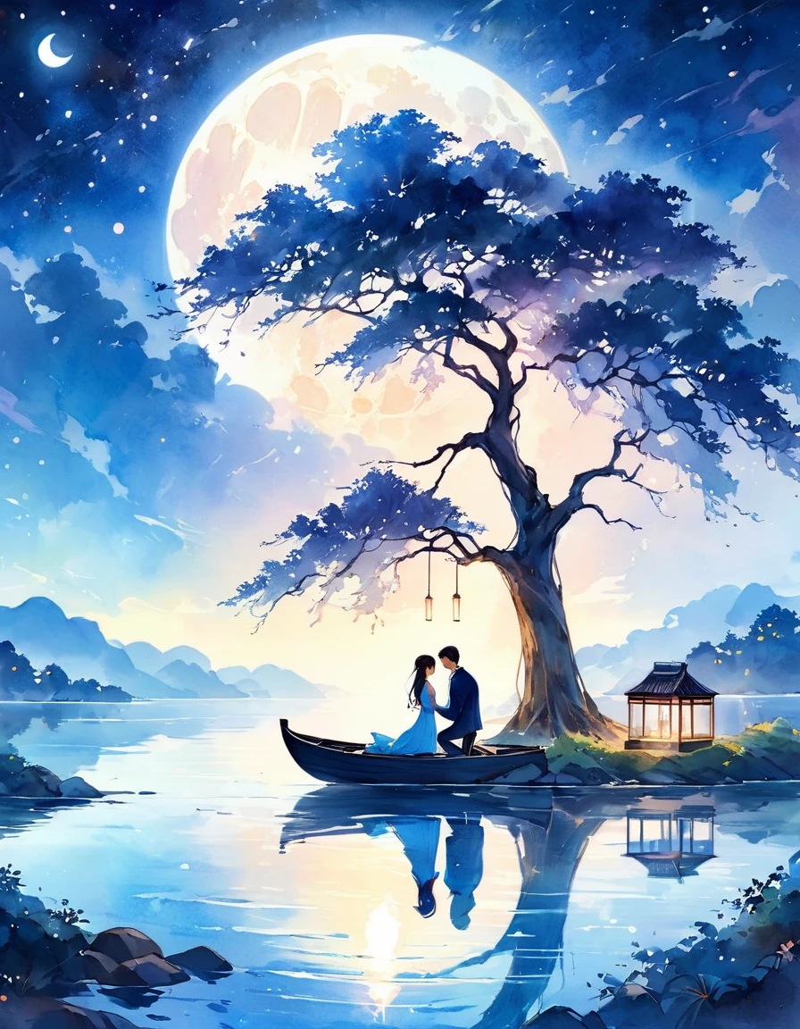 (best quality, high resolution, watercolor, Create a peaceful night scene，, An island of tranquility, Reflecting Lake. There should be a leafy tree on the island, Position slightly off center. The branches should be slightly bent, Some leaves gently fall, adding to the serene ambiance.under the tree, depict a Romantic moment between a couple. Men should kneel down, Take out a ring or small object, Like a marriage proposal. Women should stand before him, Lean forward slightly, May accept the offer. Their figures should be outlines, Contrast with bright background.The night sky should be clear，Full of twinkling stars. Large scale, A bright full moon will dominate the scene, positioned behind Couple and the tree, Casting Soft, A blue light hangs over everything. Moonlight should create long-lasting, Soft reflections of trees, Couple, And islands on the water.Right side of the island, Includes a small wooden rowing boat, Floating on calm waters. The boat should also have an outline, There is a slight reflection on the water.The overall color tone should be mainly dark blue and black, The moon brings soft, The ethereal light that illuminates the entire scene. The atmosphere should be calm, Romantic, A bit mysterious, Focus on the stillness and intimacy of the present moment