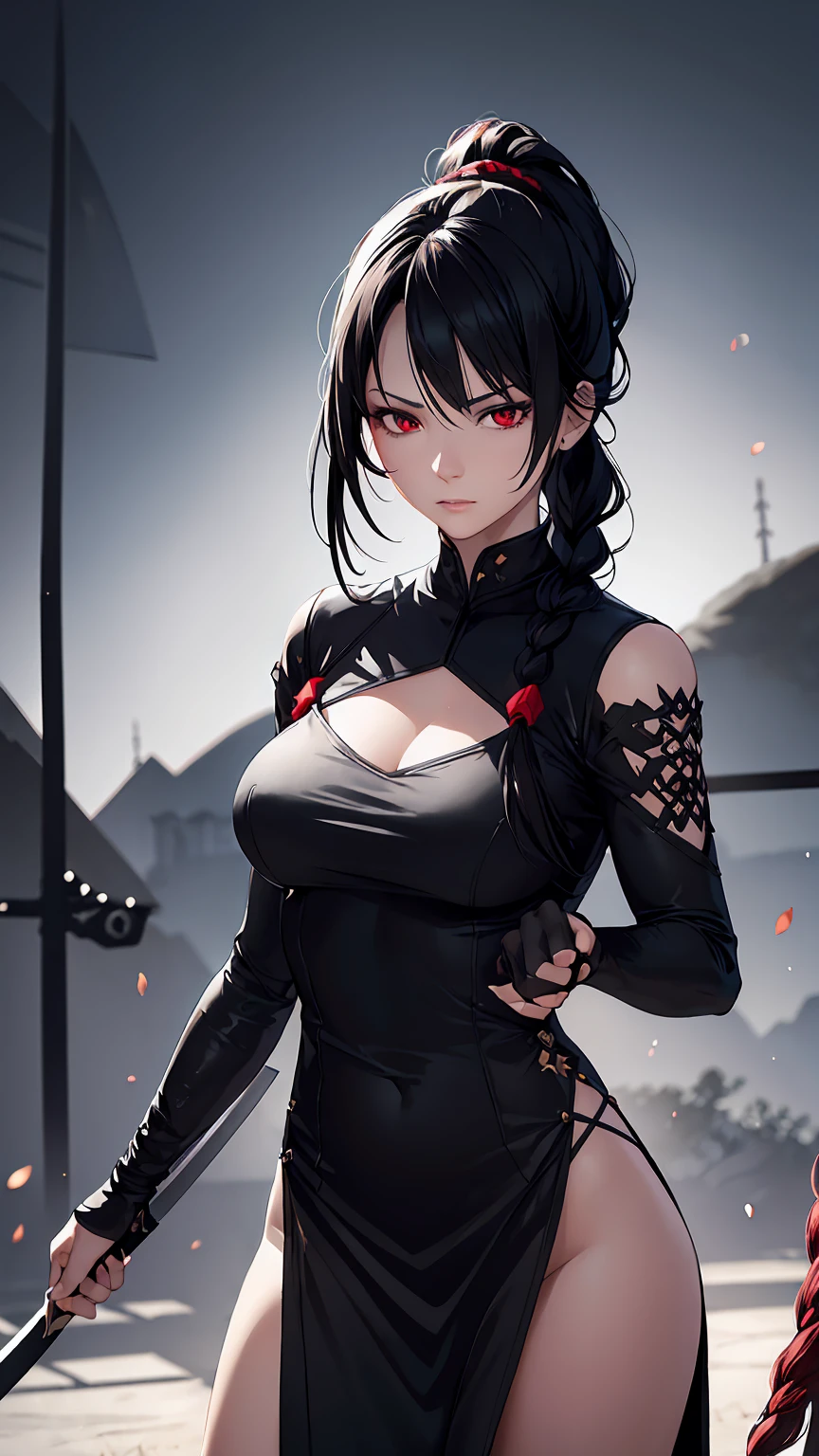 Woman1,triangle face,red eyes,black hair,braided ponytail hairstyle,Legendary hero, legendary assassin, tight black dress, Japanese sword, ninja stars,Very details CG, module, 8K wallpapers, top quality, high precision, beautiful lighting, realistic shade, high precision, detailed skin, very detailed, faces and detailed eyes, realistic eyes, cowboy shot