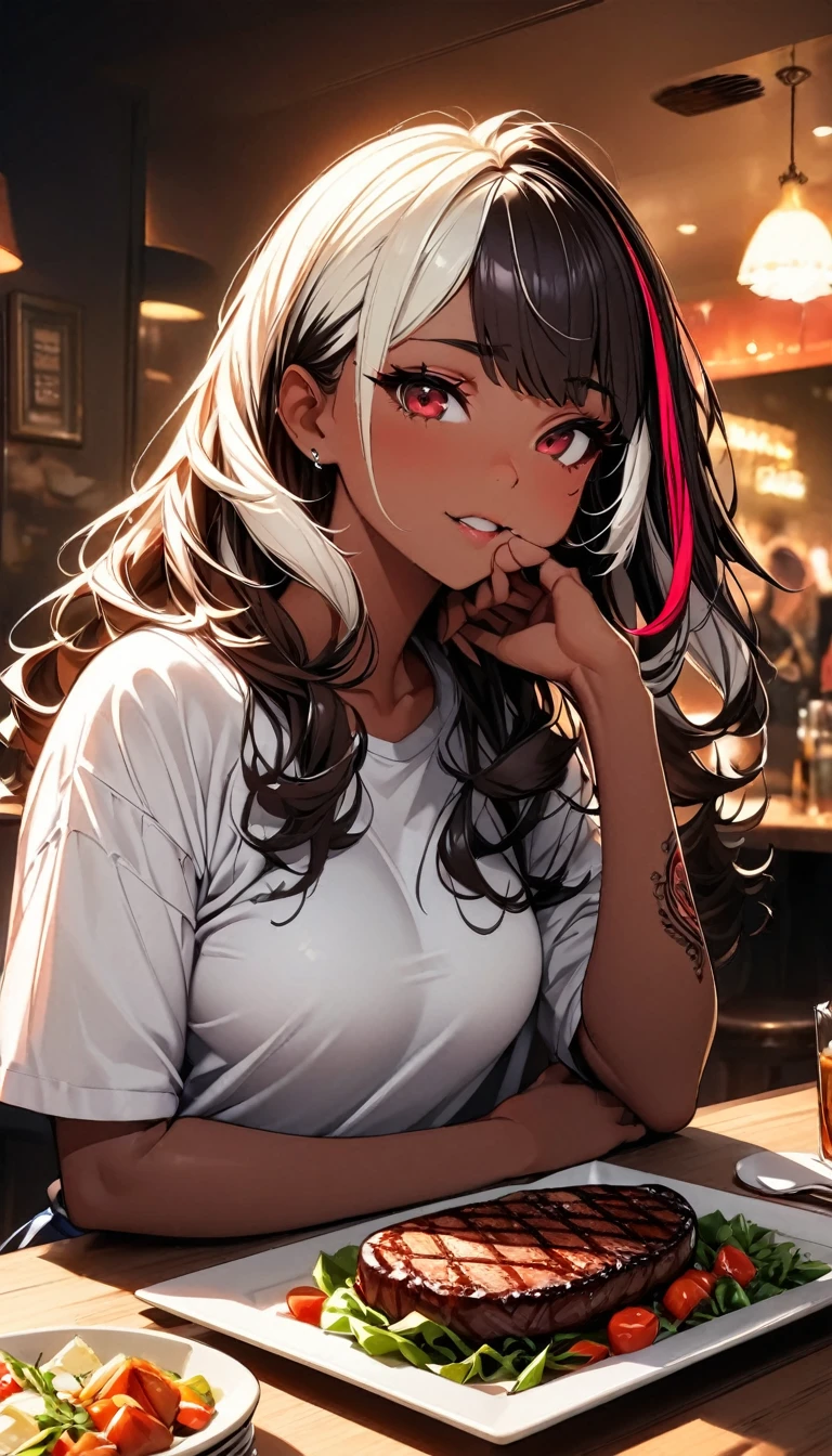 (highest quality:1.2, Very detailed, up to date, Vibrant, Ultra-high resolution, High Contrast, masterpiece:1.2, highest quality, Best aesthetics), Portraiture、girl、singer, solo, ((25-years-old:1)), Bright colors, Beautiful fine details、Beautiful lip detail、medium wave hair、red and white ((streaked hair:1.6)), highlights hair: 1.5, red eyes, slim body, medium breast, (tan skin:1.1), (Floral Fineline tattoo design on left arm:1), t-shirts, eating thick steak, siting in table, knife and folk, steak dinner, salad, steak house, (upper body),