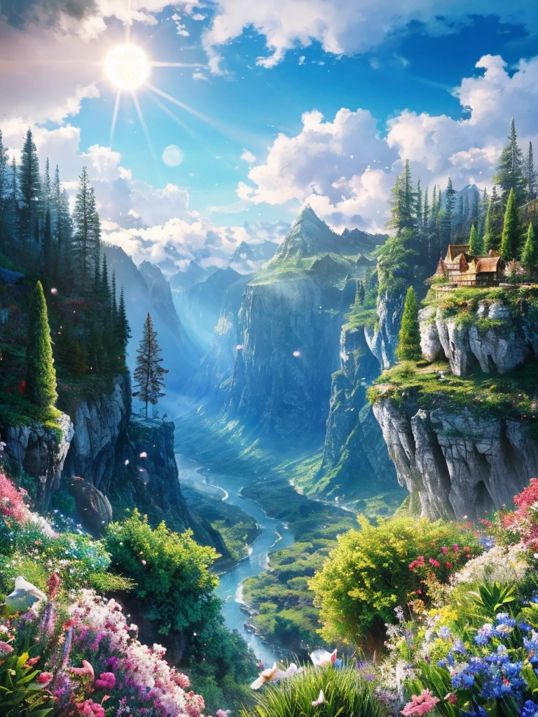 masterpiece, 最high quality, high quality,Very detailed CG unity 8k wallpaper, Enchanting and dreamy fantasy forest scenery, Seven-Colored Garden, Valley of the Fairies with a River Flowing Through It, Mysterious and fascinating, Sky Blue Sky, White dove flies, Complex, sunset, pastel colour, Award-winning photography, Written boundary depth, High resolution, bloom, chromatic aberration ,Realistic,Very detailed, White cloud, Trending on CGSociety, Complex, Attention to detail, dramatic, art:The middle of a journey