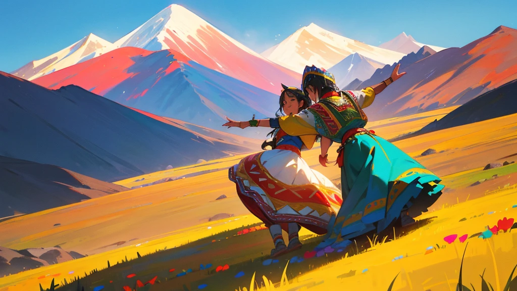 A colorful Andean folk scene featuring traditional dancers in vibrant, embroidered costumes. The background showcases the majestic Andes mountains with clear blue skies. Dancers wear intricate headpieces and perform lively traditional dances. The atmosphere is festive, with a focus on cultural heritage and community.