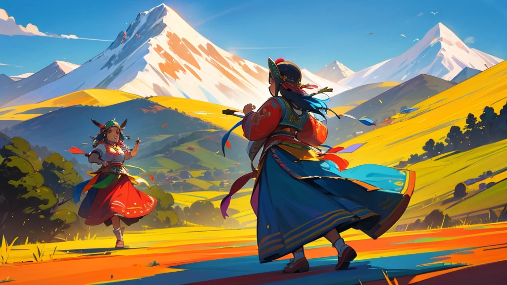 A colorful Andean folk scene featuring traditional dancers in vibrant, embroidered costumes. The background showcases the majestic Andes mountains with clear blue skies. Dancers wear intricate headpieces and perform lively traditional dances. The atmosphere is festive, with a focus on cultural heritage and community.