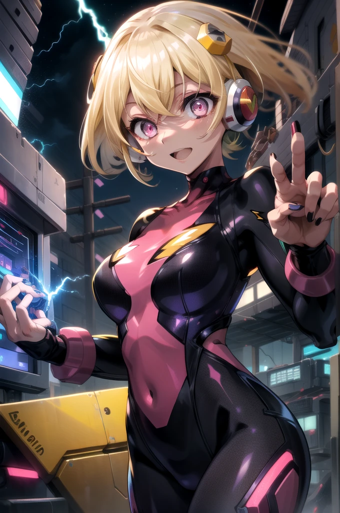 masutepiece,Best Quality,1girl in,roll_...exe_megamanbn,(helmets),Blonde hair,Long hair,Leotard,Pink eyes,Purple bodysuit,body suit,Eyes without light,moderate breast bulge,Thin laughter,nails with sharp fingertips,Tied to a machine,glowing circuit background,Black lightning strike