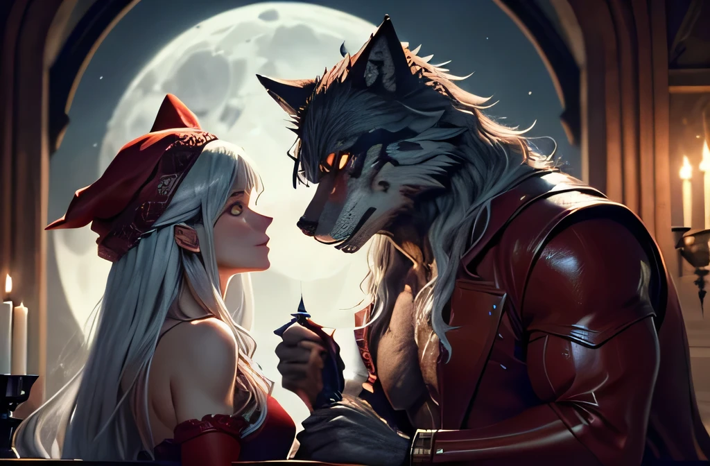 couple, The man is on the right of the screen.,The woman is on the left side of the screen., Gazing at each other,The  werewolf is wolf's head and muscular and dark hair and red suit and red hat,BREAK, The woman is human and beautiful and has silver hair and long hair and blue dress,Medieval castle balcony,full moon, night