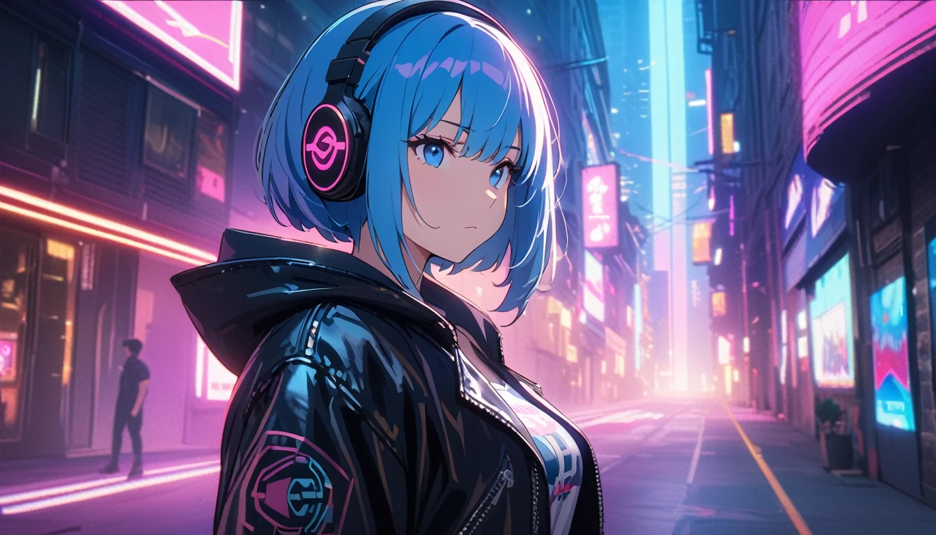 8k，High resolution，photograph，practical，(masterpiece，Highest quality:1.2)，Animation Style，alone，Beautiful woman，Upper Body，Thin blue hair，Shortcuts，Blue Eyes，Perfect female body，(Wearing a leather jacket and a rock T-shirt:1.0) Hooded，(Cleavage:0.7)，eye shadow，sf，cyber punk，Industrialized Building，Depth of written boundary，Background Light Strip、(Headphones)