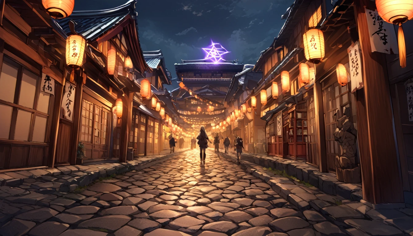 Within the shining pentagram、A scene of Abe no Seimei chanting a spell、In the background is the old town of Kyoto、The cobblestone road continues、The lanterns are lit