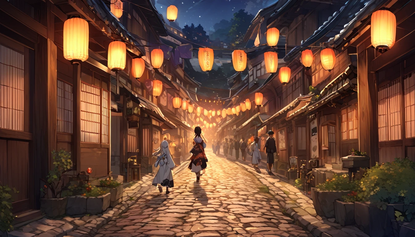 Within the shining pentagram、A scene of Abe no Seimei chanting a spell、In the background is the old town of Kyoto、The cobblestone road continues、The lanterns are lit