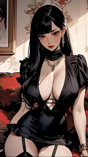 Wearing a layered necklace; A symbolic ring is worn on her finger, On her wrist she wears a watch of a well-known brand and an exquisite bracelet.A mature Chinese woman , Gray hair,Sitting on the sofa ,Show her confidence and charisma.Thick thighs,Fleshy thighs,showing her thighs,Naturally large breasts,gigantic round breasts,Busty and mature woman,Supermodel figure,Perfect body,Wearing embroidered silk pajamas, Messy hair hanging on the chest, She looked haggard, But her red lips are particularly eye-catching.She wears a garter.Wet and permeable top feminine。
