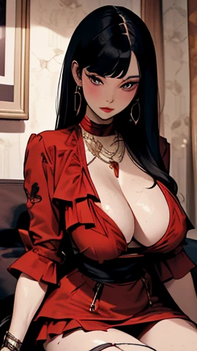 Wearing a layered necklace; A symbolic ring is worn on her finger, On her wrist she wears a watch of a well-known brand and an exquisite bracelet.A mature Chinese woman , Gray hair,Sitting on the sofa ,Show her confidence and charisma.Thick thighs,Fleshy thighs,showing her thighs,Naturally large breasts,gigantic round breasts,Busty and mature woman,Supermodel figure,Perfect body,Wearing embroidered silk pajamas, Messy hair hanging on the chest, She looked haggard, But her red lips are particularly eye-catching.She wears a garter.Wet and permeable top feminine。