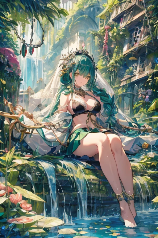 (Very good image quality), 1 girl Emerald green hair, long twin tails hair, back braid, low braid, bangs covering one eye, white veil, beret, silver tiara, yellow eyes, black blindfold, (chain) (bracelet with chain), (leg rings with chains)(chain connected to the wall), fully extended arms, fully extended legs, magical girl, off-shoulder, Kimono over bikini,pleated skirt, spreading skirt, bikini that can be worn inside, lace fabric bikini, black bikini, garter belt, Thigh-high socks, exhaustion, blushing, sweatyumekawa,yumekawaii,pastel color,(wonderland garden:1.3),rainbow waterfall,dripping ink,imagination,(Castle:1.4),