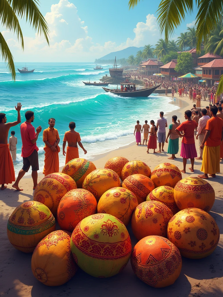 Create a vibrant, festive scene celebrating Narali Purnima, featuring traditional elements like decorated coconuts, fishermen performing rituals by the sea