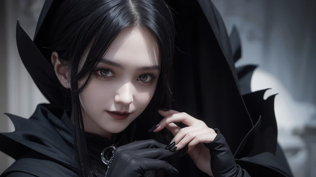 Gothic, vampires, black cloaks, 18th century Russia, black hair, young face, smile, famous character, high detail of objects, gloomy environment, horror style, good detail of body and hands, full height, high detail 2k