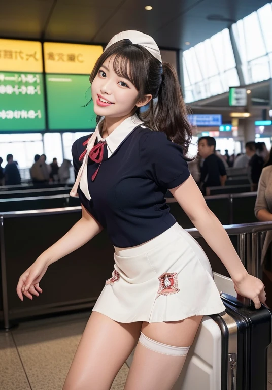 Very beautiful Japanese women、Age 25、Perfect beauty、Perfect Style、smile、detail、(((stewardess costume))), (((mini skirt))), (hi-res: 1.1)), (((At the concourse of the international airport))), (((Hair style: chignon))), looking at the camera、Cowboy Shot、smile、((Spread your legs out to the side))、((From below:1.45))、((Perfect beauty)),Slim legs, Tightened ankle, ahegao, Licking lips,((Perfect beauty)), ahegao, (((Not wearing panties))), ((Milk is spilling out of the mouth)), Camel Toe,