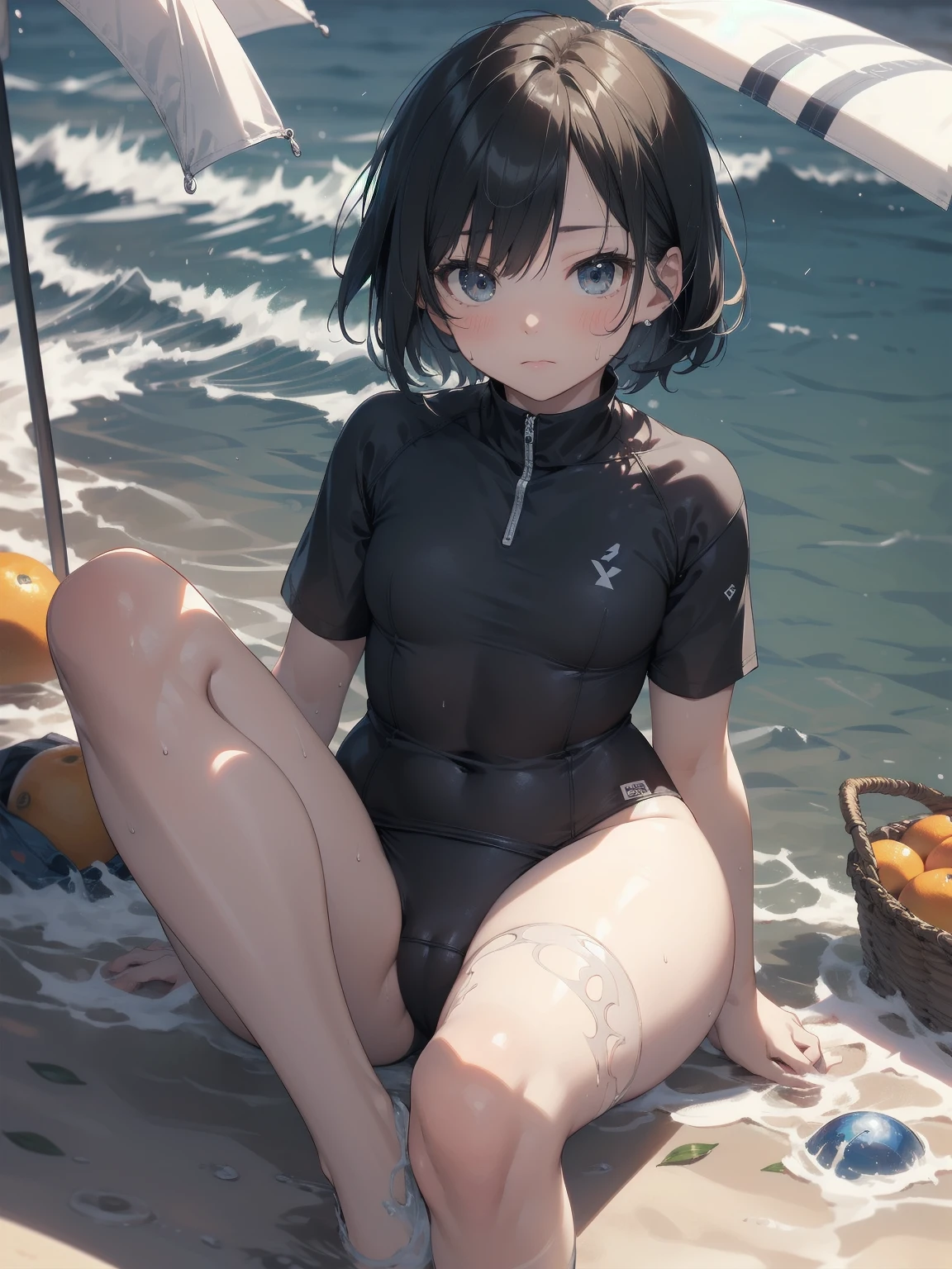 ultra-absurdres-Top quality by artist God, ultra-detailed, high resolution, anime moe artstyle, best anime 8k konachan wallpaper, pixiv contest winner, JAV cover, perfect anatomy,break, 1girl, (Please draw a girl lying sleepily on beach. )break,(Solo,little female,tomboy, :1.3),Full limbs, complete fingers,a junior high school student, (very short hair), short cut, Soft flat chest,groin, small butt, smalack eyes, beautiful detailed eyes, well-proportioned iris and pupils, expressive eyes, highres detailed hair, sweat, soft expression, school swimsuit, soft thighs,(Detailed Lighting), (Detailed background),in the Sexual beach. super detailed skin, shiny skin, Best sexuall lighting powy famous artist, 8k,beauty illustration,photoshop_(medium),very aesthetic,break,((artist:yd_(orange_maru) )), artist:fujiyama, artist:carnelian, artist:kantoku,