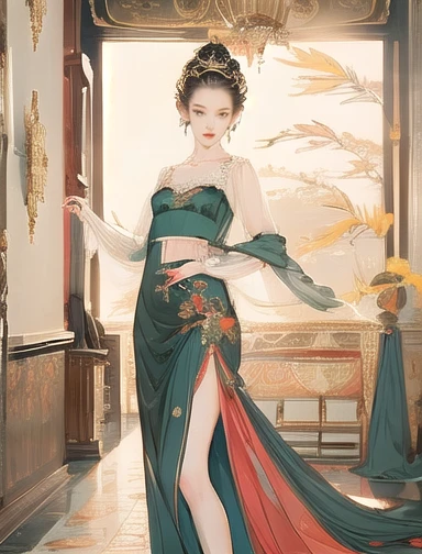 (8k, Highest quality, masterpiece),{practical, Original photo, Ultra-fine and transparent, image, practical Light, Delicate skin, (Beautiful slim woman, whole body, Age 25, Court Knight:1.5), thin legs, Microparticles, Long Hair, Detailed fingers, thin, Expressions of Ecstasy, Dynamic sexy pose, (Arcadia:1.8), No concealment,Beautiful views, (Wind and Sun:1.5),