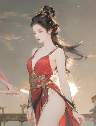 (8k, Highest quality, masterpiece),{practical, Original photo, Ultra-fine and transparent, image, practical Light, Delicate skin, (Beautiful slim woman, whole body, Age 25, Court Knight:1.5), thin legs, Microparticles, Long Hair, Detailed fingers, thin, Expressions of Ecstasy, Dynamic sexy pose, (Arcadia:1.8), No concealment,Beautiful views, (Wind and Sun:1.5),