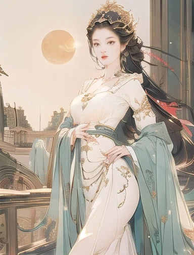 (8k, Highest quality, masterpiece),{practical, Original photo, Ultra-fine and transparent, image, practical Light, Delicate skin, (Beautiful slim woman, whole body, Age 25, Court Knight:1.5), thin legs, Microparticles, Long Hair, Detailed fingers, thin, Expressions of Ecstasy, Dynamic sexy pose, (Arcadia:1.8), No concealment,Beautiful views, (Wind and Sun:1.5),