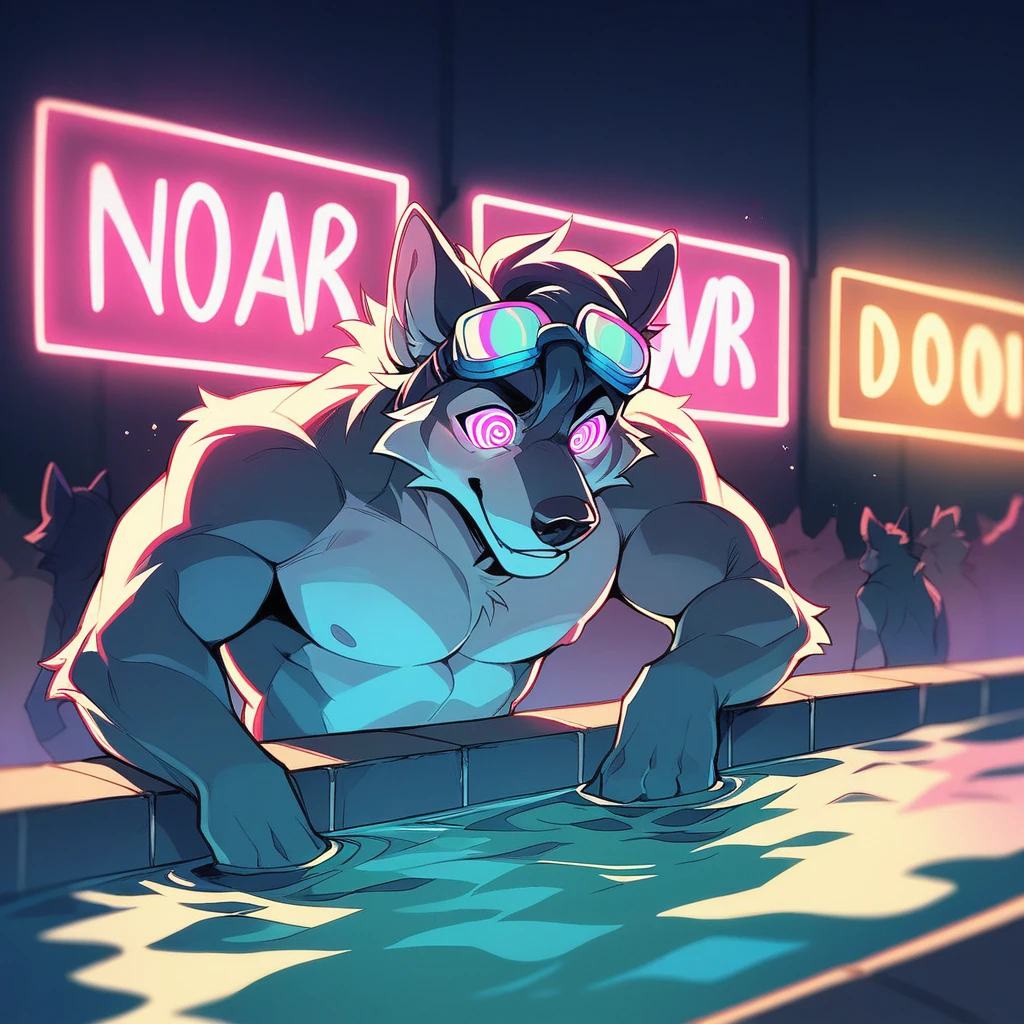 Wolf, legoshi, beastars, hypnosis eyes, under water photograph, swimming goggles, mode, neon lights, cinematic, vibrant, shocked expression, canine penis, naked, male, mind control, correct anatomy, love, submissive