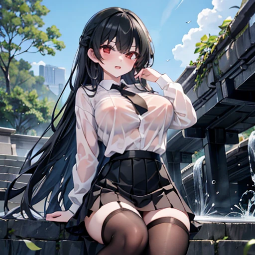 masterpiece, Highest quality, High resolution, Very detailed, 1 girl, Long Hair, Black Hair, Red eyes, Large Breasts, Unbottened white shirt, Black bra, Tight Skirt, She got wet, Pair of black stockings, Nipples protruding from under a shirt, Outdoor, Public Parks,