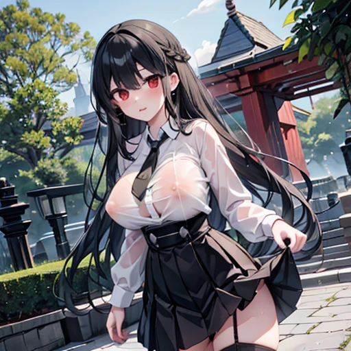 masterpiece, Highest quality, High resolution, Very detailed, 1 girl, Long Hair, Black Hair, Red eyes, Large Breasts, Unbottened white shirt, Black bra, Tight Skirt, She got wet, Pair of black stockings, Nipples protruding from under a shirt, Outdoor, Public Parks,