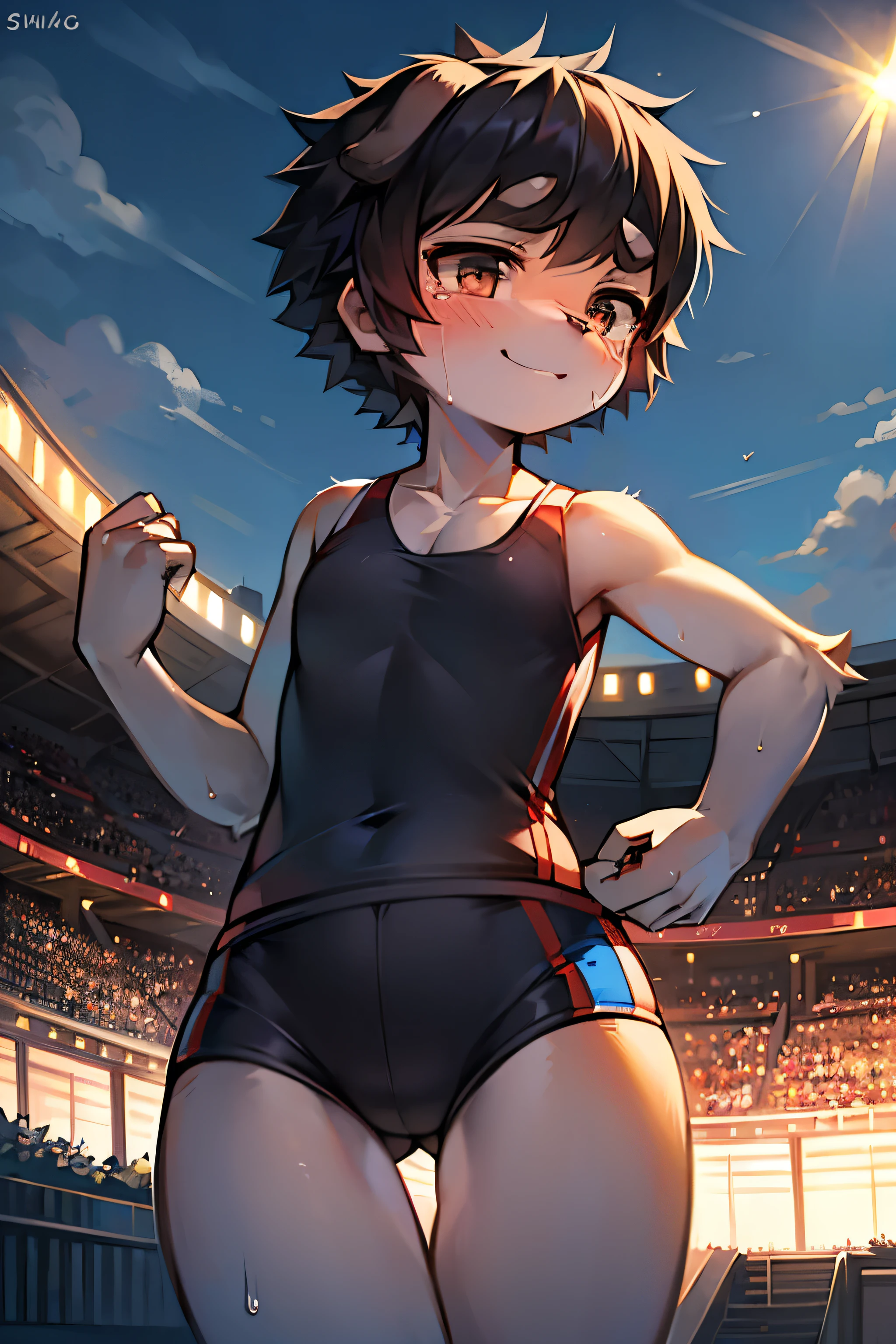 dog,Singlets,runner,cute,girl,Olympic,running,Finish,masterpiece,best quality,super fine illustration,super detailed,BREAK,Black Hair,short hair,Thick eyebrows,little smile,tears,