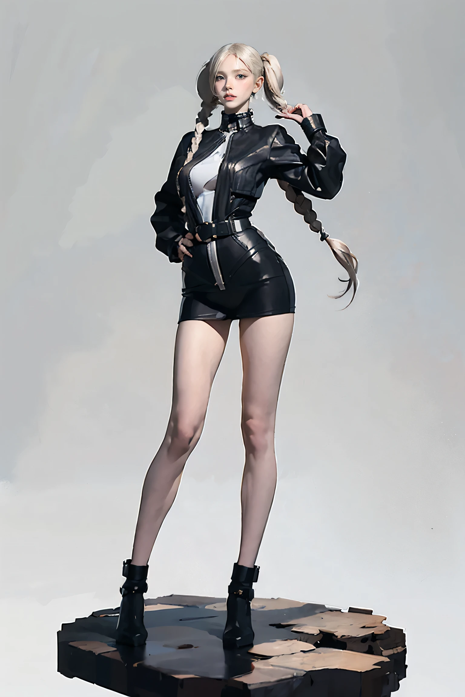 Masters of Animation, A perfect masterpiece, On a snow-white background、Cool outfits, Sexy and modern clothing、Sexy mature modern woman standing, Flowing silver hair, Twin tails,Full Body Stand Posture, Thin legs, Large Breasts, Detailed facial details, Natural and beautiful standing posture, Crisp and realistic body detail,(Browsing Caution:0.9)