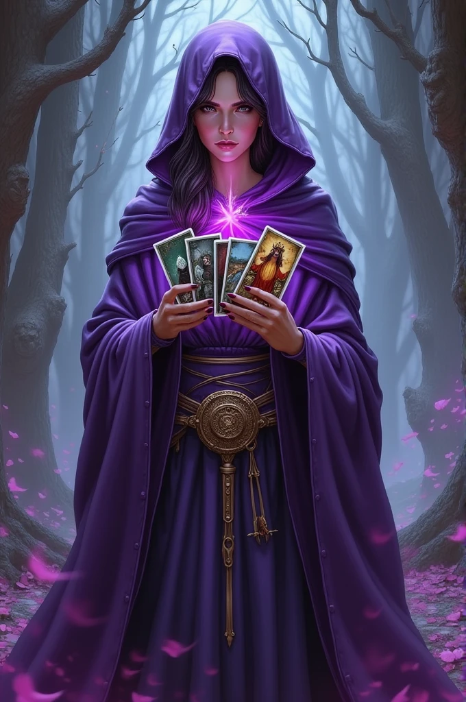 Woman in purple cloak holding tarot cards，Surrounded by cards, Fantasy card game art, card game illustration, witch woman, Epic Fantasy Card Game Art, Portrait of a female mage, Artgerm Julie Bell Beeple, Michael Ma (Unreal Engine, Graphic artist Magali Villeneuve, fantasy art behance, Tarot Art, witch
