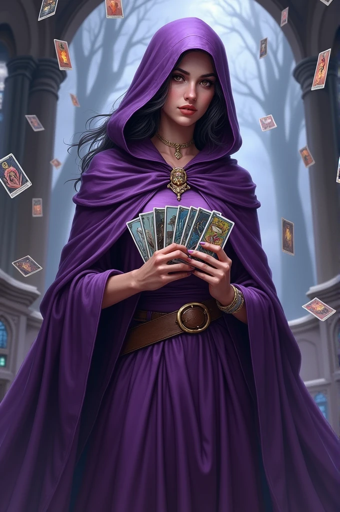 Woman in purple cloak holding tarot cards,Surrounded by cards, Fantasy card game art, card game illustration, witch woman, Epic Fantasy Card Game Art, Portrait of a female mage, Artgerm Julie Bell Beeple, Michael Ma (Unreal Engine, Graphic artist Magali Villeneuve, fantasy art behance, Tarot Art, witch