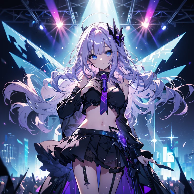 1 girl、Mature、Ample breasts、Long Hair、Blue Eyes、Light purple hair、Beautiful smile、Wavy Hair、Black Dress、Shoulder Bare、Belly button、Diva、Miniskirt、garter、Hold the microphone、Look to the side、sing、Live Stage、Spotlight、Starry Sky、Galaxy、prism、Penlight、High resolution、Highest quality
