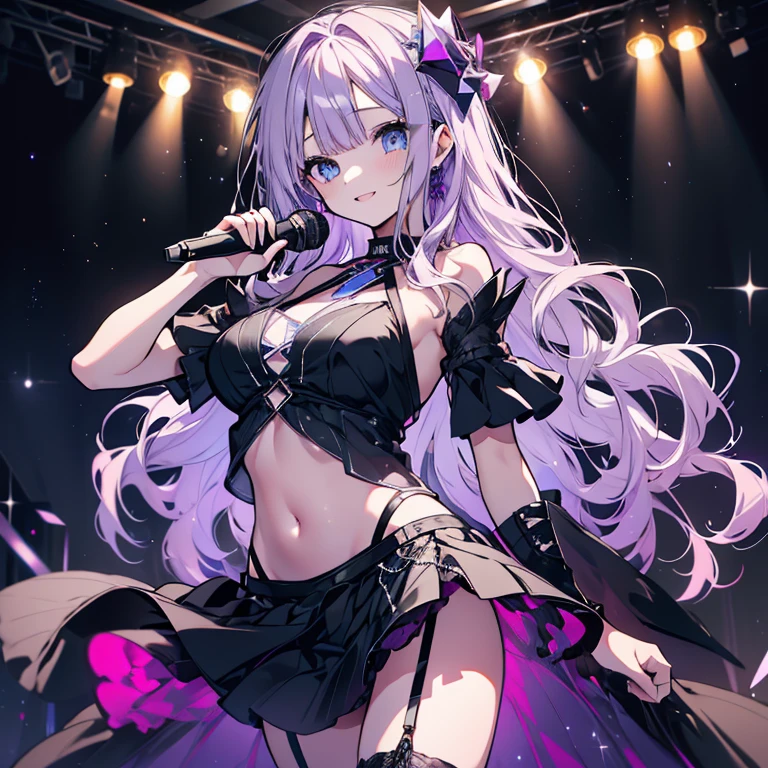 1 girl、Mature、Ample breasts、Long Hair、Blue Eyes、Light purple hair、Beautiful smile、Wavy Hair、Black Dress、Shoulder Bare、Belly button、Diva、Miniskirt、garter、Hold the microphone、Look to the side、sing、Live Stage、Spotlight、Starry Sky、Galaxy、prism、Penlight、High resolution、Highest quality