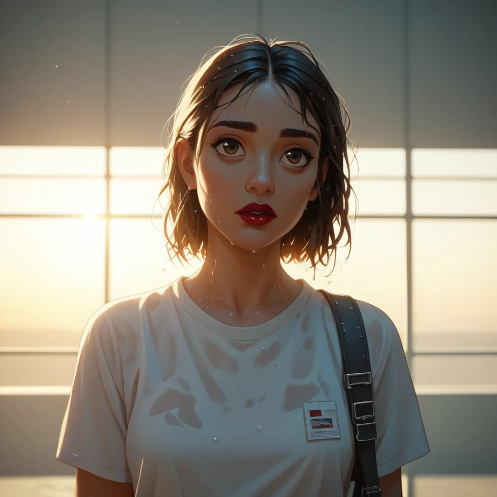 Modern Airport, See Airplanes, It's a nice atmosphere, Adult female, Trunk Case ,Perfect Face, Melancholic expression, (Backlight: 1.1), A scene from a movie, Soft Shadows, masterpiece, Highest quality, Complex, Model shooting style, Vintage, Film Grain, Wet hair wide shot、Red lipstick