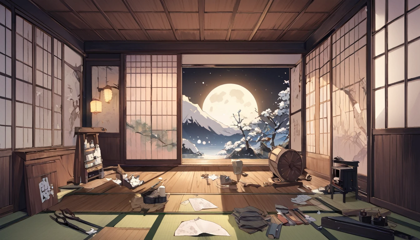 The moment when a paper doll-like Shikigami comes to life in the dark、A cold light emerges、In the background is the interior of an old house、Behind the shoji screen, you can see the full moon、Old tools are placed in the tatami room