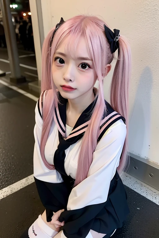 ,((Pink Hair))、((Pink Hair))、((Twin tails))、(Small fox ears))、((Highest quality、8k、masterpiece))、((Landmine Girl))Highest quality、Professional Writing、 Detailed workmanship、High resolution、(8k, High resolution:1.2)、(RAW Photos, Realistic:1.3)、masterpiece、Slim figure、High resolutionの顔、The face is in focus、High resolutionの目、(concentrated, Symmetrical pupils:1.2)、Slim figure、High quality and beautiful skin、Firm skin High definition hair texture、 (Japanese schoolgirl)、Unparalleled beauty、 、((On the streets of Kabukicho at night))、(Sailor suit、Black socks、Black Loafers:1.3), (Sit on the floor by the wall:1.3), ((Keep your arms tight against your chest:1.3)), Very cute, (Very angry:1.3), (blush:1.3), (scared:1.3), Strange facial expression、Look up at the camera:1.2、(Shirt front opening:1.2), (Cleavage, Browsing Caution)