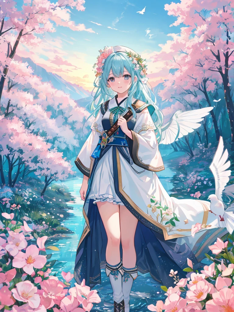 masterpiece, 最high quality, high quality,Very detailed CG unity 8k wallpaper, Enchanting and dreamy fantasy forest scenery, Seven-Colored Garden, Valley of the Fairies with a River Flowing Through It, Mysterious and fascinating, Sky Blue Sky, White dove flies, Complex, sunset, pastel colour, Award-winning photography, Written boundary depth, High resolution, bloom, chromatic aberration ,Realistic,Very detailed, White cloud, Trending on CGSociety, Complex, Attention to detail, dramatic, art：The middle of a journey