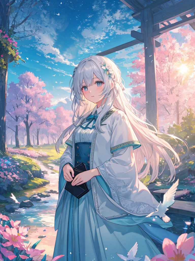 masterpiece, 最high quality, high quality,Very detailed CG unity 8k wallpaper, Enchanting and dreamy fantasy forest scenery, Seven-Colored Garden, Valley of the Fairies with a River Flowing Through It, Mysterious and fascinating, Sky Blue Sky, White dove flies, Complex, sunset, pastel colour, Award-winning photography, Written boundary depth, High resolution, bloom, chromatic aberration ,Realistic,Very detailed, White cloud, Trending on CGSociety, Complex, Attention to detail, dramatic, art:The middle of a journey