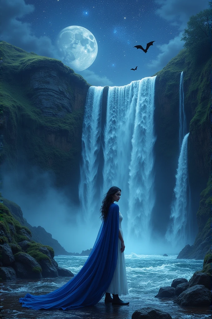 a picture of an exquisite beautiful female vampire standing under the starry night sky at the base of the waterfall, dynamic angle (ultra detailed, Masterpiece, best quality), ultra feminine, (black skin: 1.3),  dynamic hair color, wavy hair, dynamic eyes color, cold eyes, glowing eyes, intense eyes, dark red lips, wearing white dress (ultra detailed, Masterpiece, best quality), wearing blue cloak (ultra detailed, Masterpiece, best quality), long cloak, flowing cloak (ultra detailed, Masterpiece, best quality), wearing high heeled boots,  water coming down from a mountain, multi level water falls, several pools created in different levels, forming new waterfalls, water cascading into a pool steam rising, clear water in many hues of blue and azure falling, ultra best realistic, best details, best quality, 16k, [ultra detailed], masterpiece, best quality, (extremely detailed), ultra wide shot, photorealism, depth of field, hyper realistic painting, sky full of stars background, moon, bats flying about, high details, best quality, 8k, [ultra detailed], masterpiece, best quality, (ultra detailed), full body, ultra wide shot, photorealism, dark fantasy art, dark fantasy art, gothic art, many stars, dark fantasy art, gothic art, sense of dread, Intense gaze, magical sky