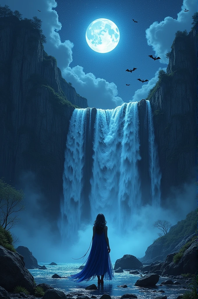 a picture of an exquisite beautiful female vampire standing under the starry night sky at the base of the waterfall, dynamic angle (ultra detailed, Masterpiece, best quality), ultra feminine, (black skin: 1.3),  dynamic hair color, wavy hair, dynamic eyes color, cold eyes, glowing eyes, intense eyes, dark red lips, wearing white dress (ultra detailed, Masterpiece, best quality), wearing blue cloak (ultra detailed, Masterpiece, best quality), long cloak, flowing cloak (ultra detailed, Masterpiece, best quality), wearing high heeled boots,  water coming down from a mountain, multi level water falls, several pools created in different levels, forming new waterfalls, water cascading into a pool steam rising, clear water in many hues of blue and azure falling, ultra best realistic, best details, best quality, 16k, [ultra detailed], masterpiece, best quality, (extremely detailed), ultra wide shot, photorealism, depth of field, hyper realistic painting, sky full of stars background, moon, bats flying about, high details, best quality, 8k, [ultra detailed], masterpiece, best quality, (ultra detailed), full body, ultra wide shot, photorealism, dark fantasy art, dark fantasy art, gothic art, many stars, dark fantasy art, gothic art, sense of dread, Intense gaze, magical sky