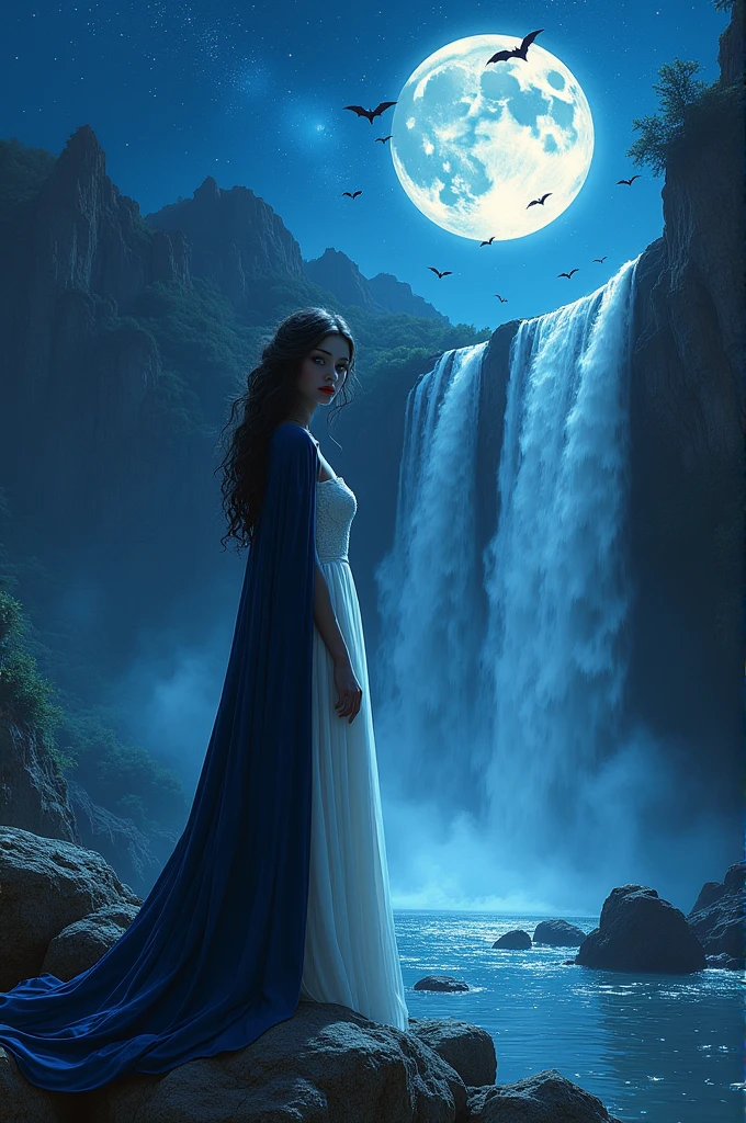 a picture of an exquisite beautiful female vampire standing under the starry night sky at the base of the waterfall, dynamic angle (ultra detailed, Masterpiece, best quality), ultra feminine, (black skin: 1.3),  dynamic hair color, wavy hair, dynamic eyes color, cold eyes, glowing eyes, intense eyes, dark red lips, wearing white dress (ultra detailed, Masterpiece, best quality), wearing blue cloak (ultra detailed, Masterpiece, best quality), long cloak, flowing cloak (ultra detailed, Masterpiece, best quality), wearing high heeled boots,  water coming down from a mountain, multi level water falls, several pools created in different levels, forming new waterfalls, water cascading into a pool steam rising, clear water in many hues of blue and azure falling, ultra best realistic, best details, best quality, 16k, [ultra detailed], masterpiece, best quality, (extremely detailed), ultra wide shot, photorealism, depth of field, hyper realistic painting, sky full of stars background, moon, bats flying about, high details, best quality, 8k, [ultra detailed], masterpiece, best quality, (ultra detailed), full body, ultra wide shot, photorealism, dark fantasy art, dark fantasy art, gothic art, many stars, dark fantasy art, gothic art, sense of dread, Intense gaze, magical sky