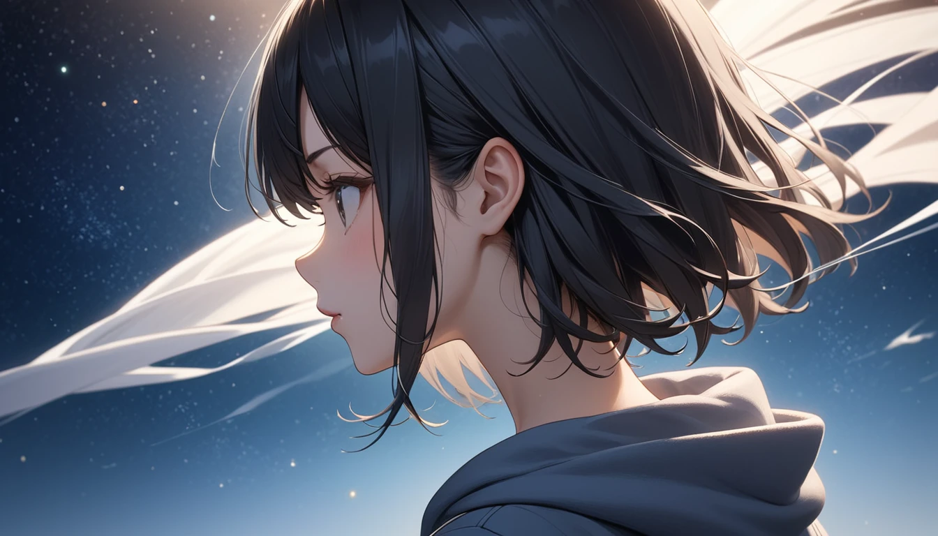 Starry Sky、One woman、Black Hair、Short Hair、Hair blowing in the wind、profile、Wearing a hoodie、Back view、Full body portrait