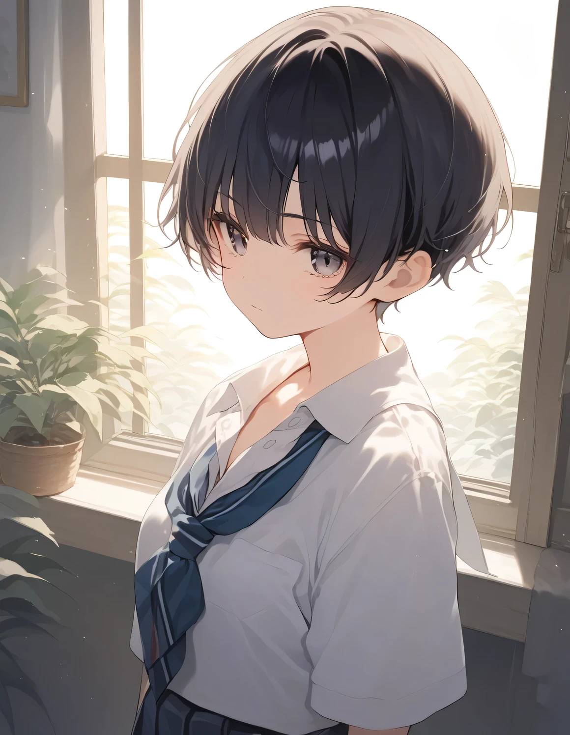 score_9, score_8_up, score_7_up, source_anime, best quality, masterpiece, official art, absurdres, highres, ultra-detailed,waifu2x,JAV Cover,break,1girl, tomboy, idol girl, school uniform, very short hair, pixie cut, small breasts, slender, beautiful detailed eyes,  expressionless, sleepily, sexual pose,  indoors, break,(clear line illustration:1.2), super detailed skin,very high resolution, very aesthetic, Best sexual lighting powered by famous artist, 8k,cute picture, beauty illustration,photoshop_(medium),,(Detailed Lighting),best anime 8k konachan wallpaper, pixiv contest winner, 