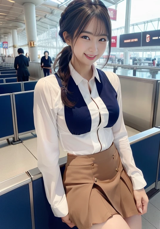 Very beautiful Japanese women、Age 25、Perfect beauty、Perfect Style、smile、detail、(((stewardess costume))), (((mini skirt))), (hi-res: 1.1)), (((At the concourse of the international airport))), (((Hair style: chignon))), looking at the camera、Cowboy Shot、smile、((Spread your legs out to the side))、((Perfect beauty)),Slim legs, Tightened ankle, Licking lips,((Perfect beauty)), ahegao, (((Not wearing panties))), ((Milk is spilling out of the mouth)), Camel Toe,